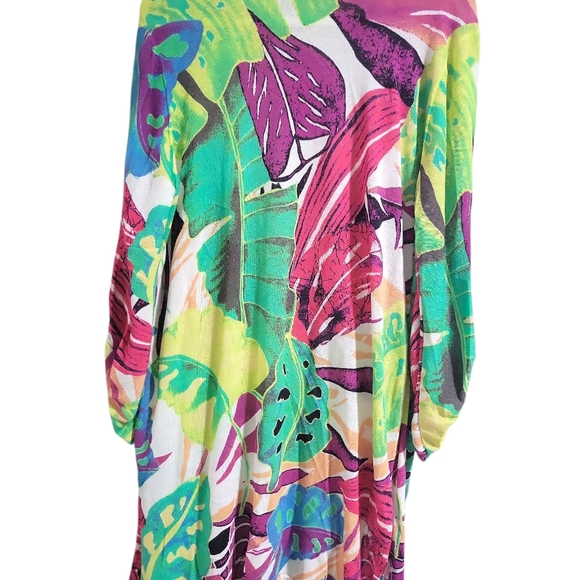 Chico's Knit Tropical Long Duster Cover-up Size XL (Chico's 3) Ruched Sleeve - Picture 3 of 10